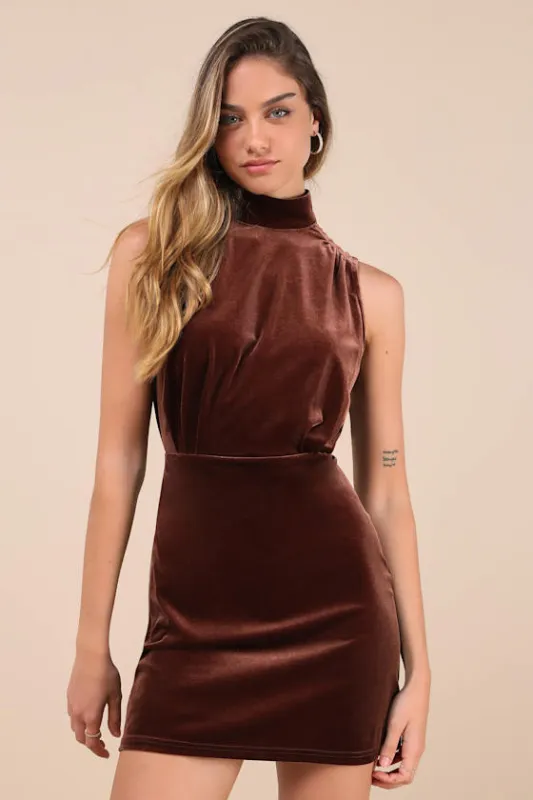 Gorgeous Darling Brown Velvet Sleeveless Mock Neck Mini Dress sold by Lulus