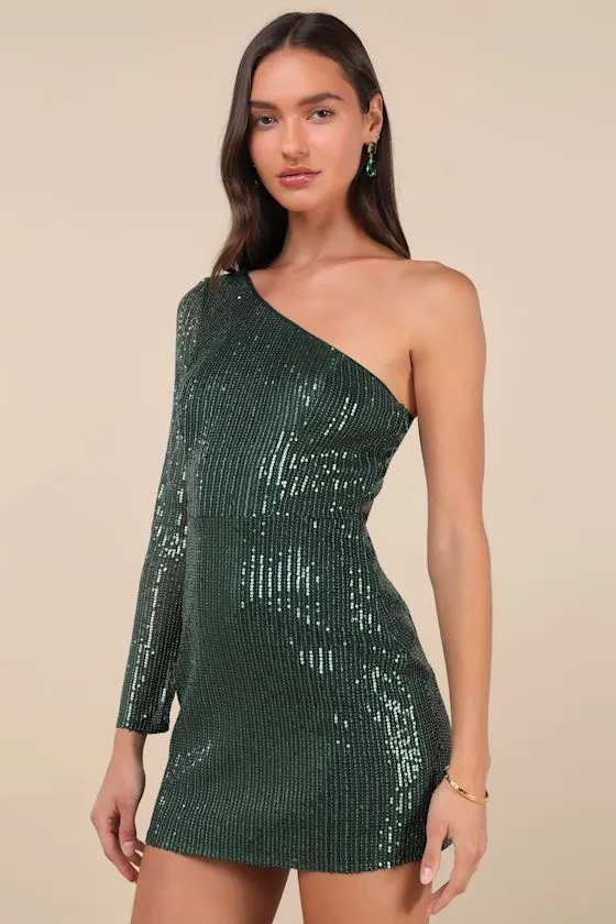 All Time Shine Emerald Sequin One-Shoulder Mini Dress sold by Lulus