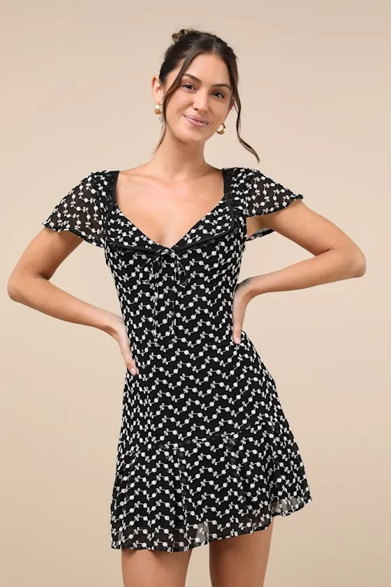 Unique Delight Black Embroidered Floral Short Sleeve Mini Dress sold by Lulus
