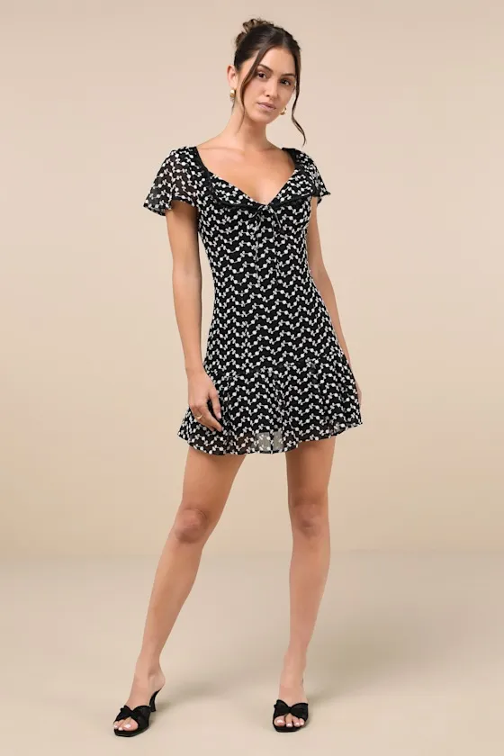 Unique Delight Black Embroidered Floral Short Sleeve Mini Dress sold by Lulus product image thumbnail 4