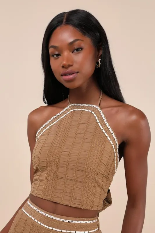 Sunny Confidence Brown Textured Velvet Tie-Back Halter Crop Top sold by Lulus