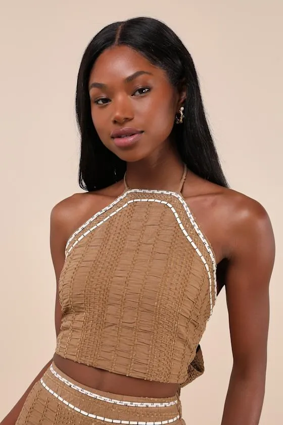 Sunny Confidence Brown Textured Velvet Tie-Back Halter Crop Top sold by Lulus