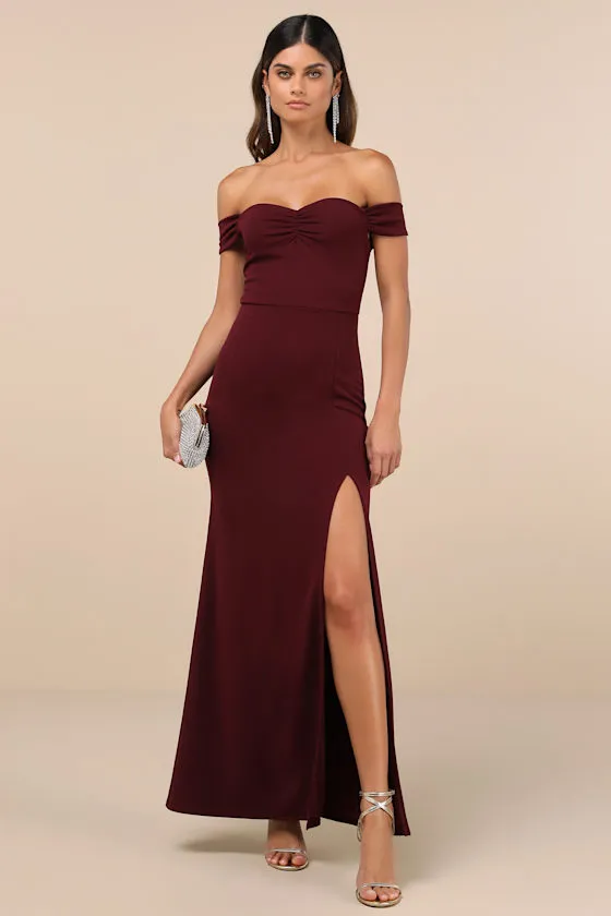 Beyond Excellent Wine Red Off-the-Shoulder Mermaid Maxi Dress sold by Lulus