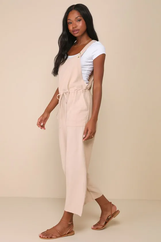 Verona Beige Drawstring Wide-Leg Jumpsuit sold by Lulus product image thumbnail 3