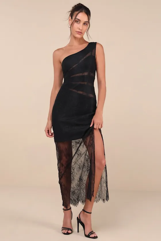 Sensational Flirt Black Sheer Lace One-Shoulder Maxi Dress sold by Lulus