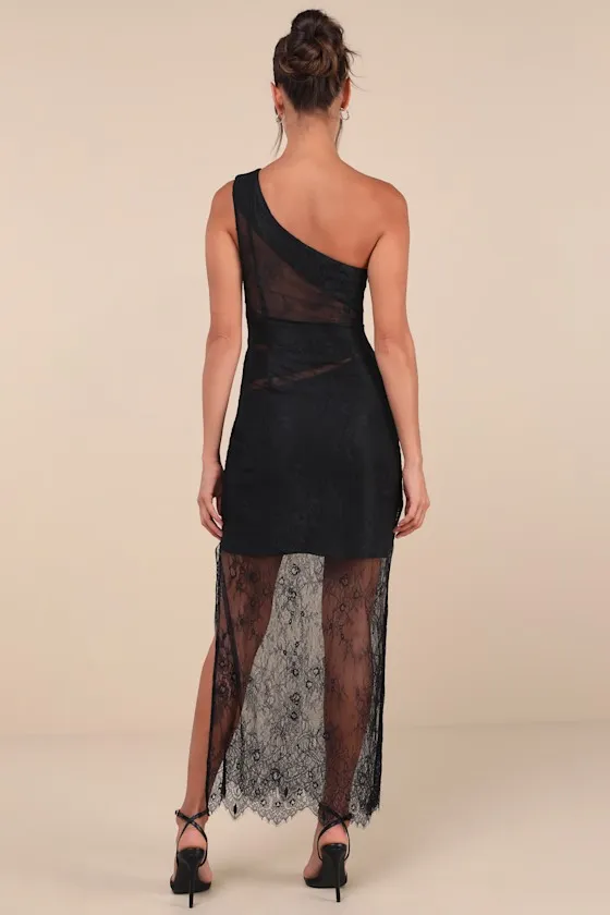 Sensational Flirt Black Sheer Lace One-Shoulder Maxi Dress sold by Lulus product image thumbnail 2