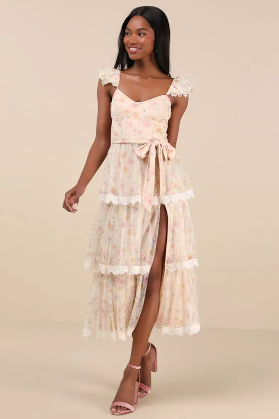 Dolora Blush Floral Bustier Tiered Midi Dress sold by Lulus