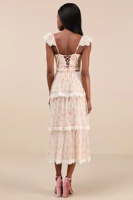 Dolora Blush Floral Bustier Tiered Midi Dress sold by Lulus product image thumbnail 2