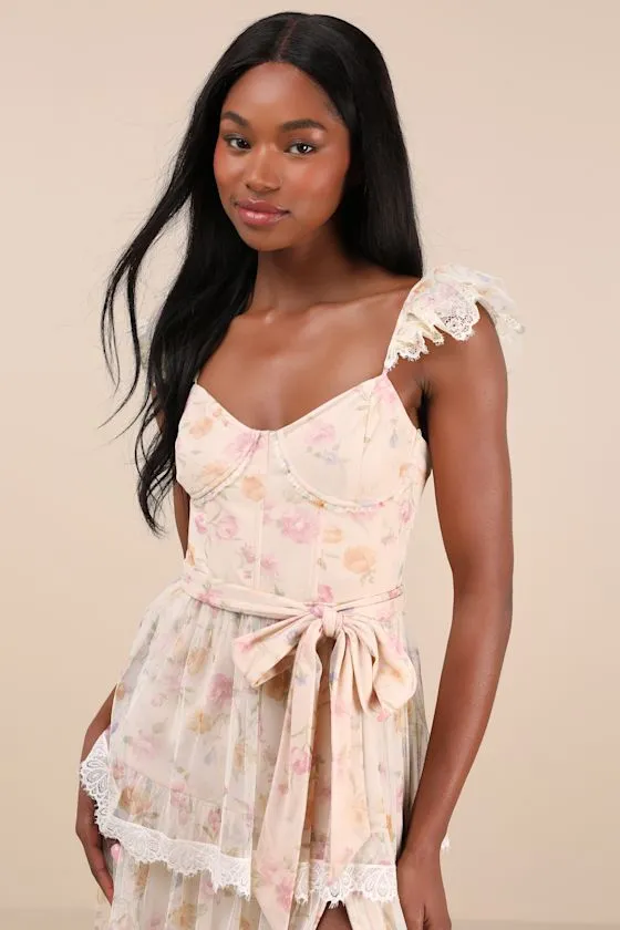 Dolora Blush Floral Bustier Tiered Midi Dress sold by Lulus product image thumbnail 3