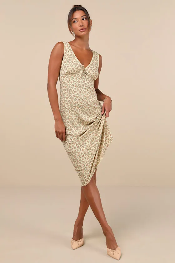 Lavisha Pale Yellow Floral Lace Sleeveless Slip Midi Dress sold by Lulus