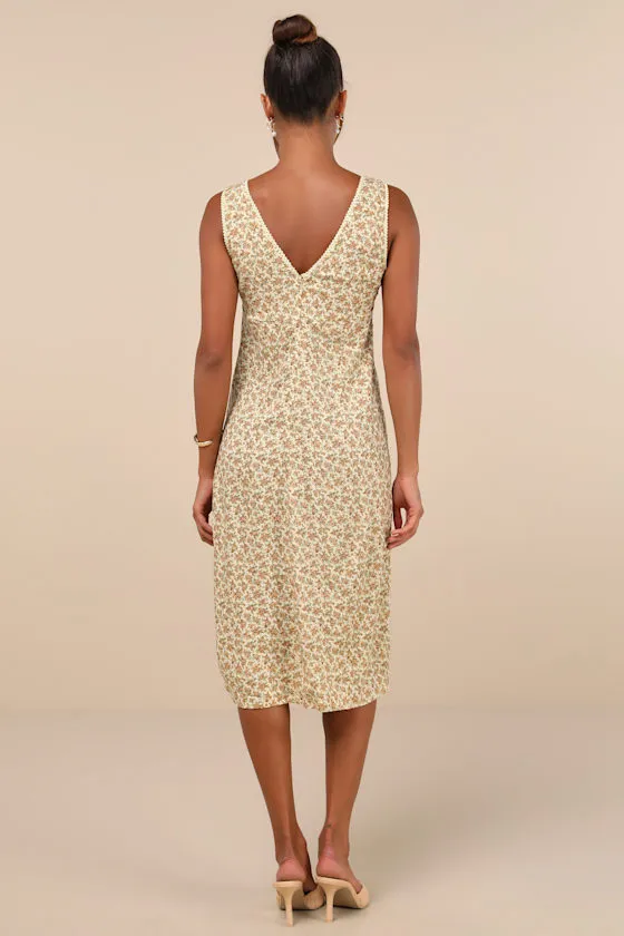 Lavisha Pale Yellow Floral Lace Sleeveless Slip Midi Dress sold by Lulus product image thumbnail 3