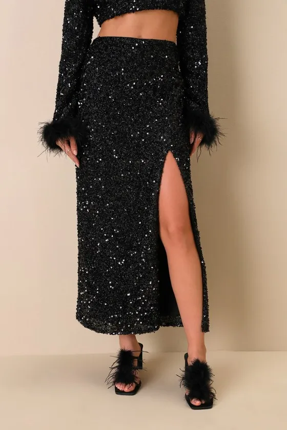 Sparkling Behavior Black Sequin High-Rise Midi Skirt sold by Lulus product image thumbnail 2