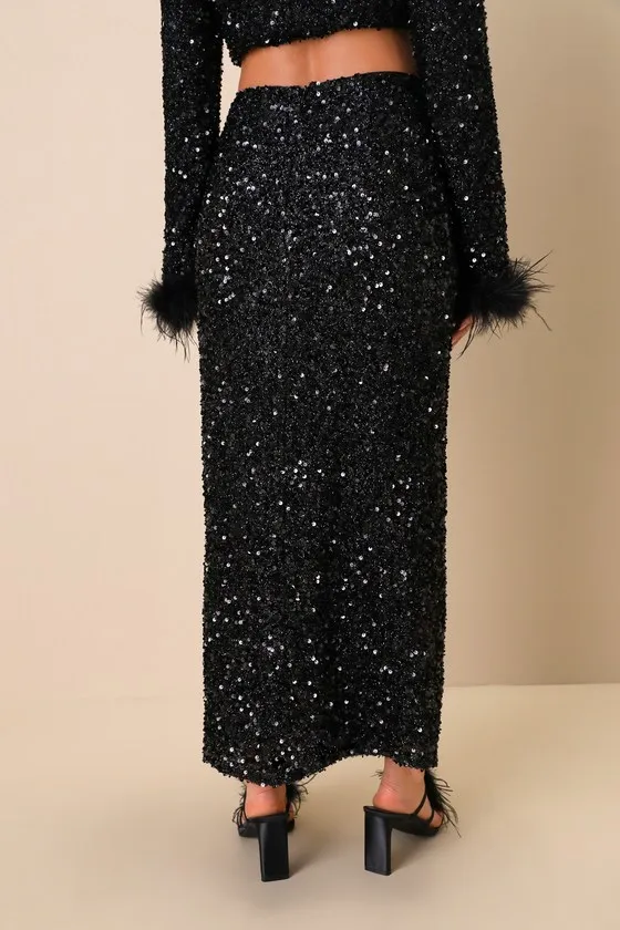 Sparkling Behavior Black Sequin High-Rise Midi Skirt sold by Lulus product image thumbnail 4