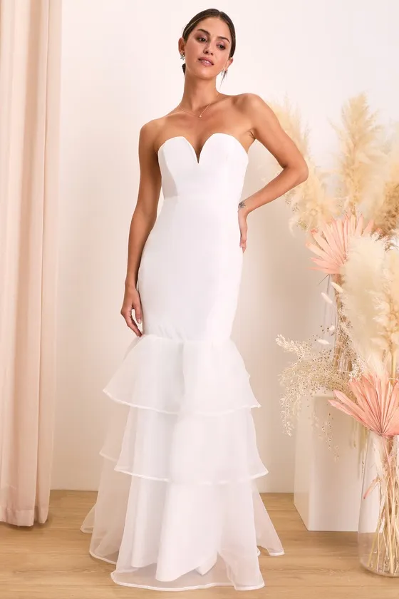 Forever Passionate White Organza Strapless Tiered Maxi Dress sold by Lulus