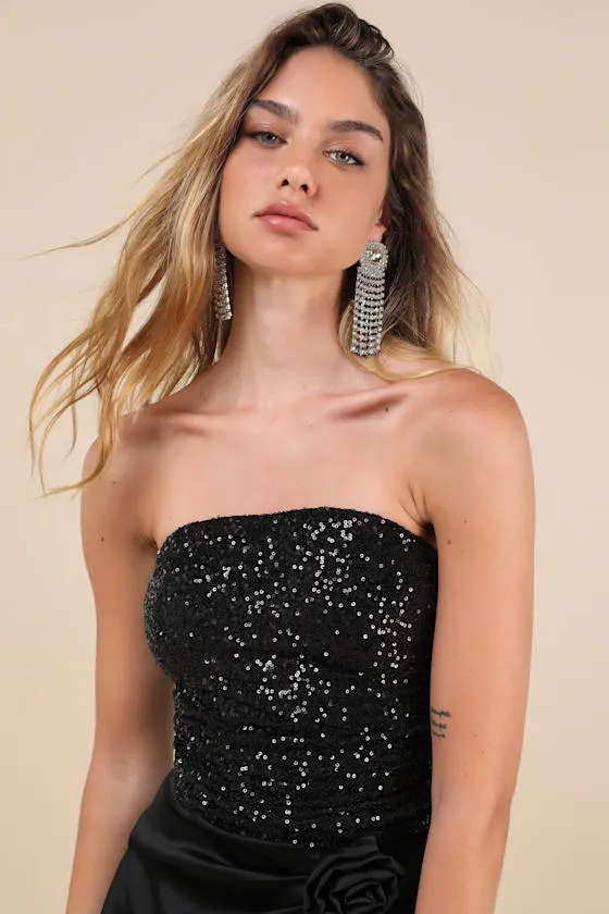 Marvelous Shine Black Mesh Sequin Strapless Crop Top sold by Lulus
