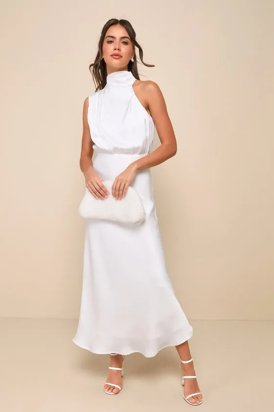 Distinctive Charm White Satin Asymmetrical Midi Dress sold by Lulus