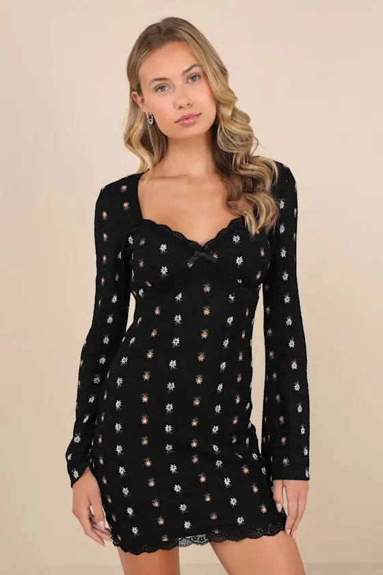 Notable Cuteness Black Floral Textured Long Sleeve Mini Dress sold by Lulus