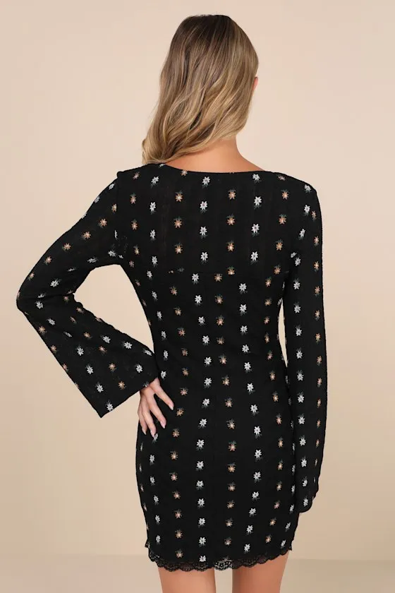 Notable Cuteness Black Floral Textured Long Sleeve Mini Dress sold by Lulus product image thumbnail 2