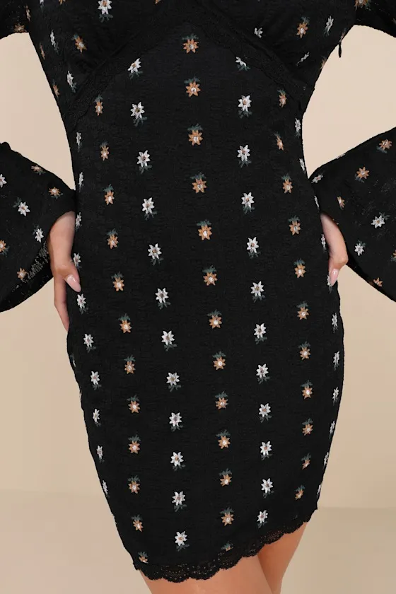 Notable Cuteness Black Floral Textured Long Sleeve Mini Dress sold by Lulus product image thumbnail 3