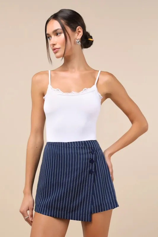 Poised Cutie Navy Blue Pinstriped Side-Button High-Rise Skort sold by Lulus