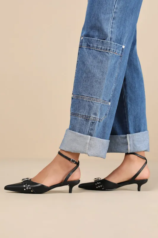 Rochaa Black Pointed-Toe Studded Buckle Ankle Strap Pumps sold by Lulus