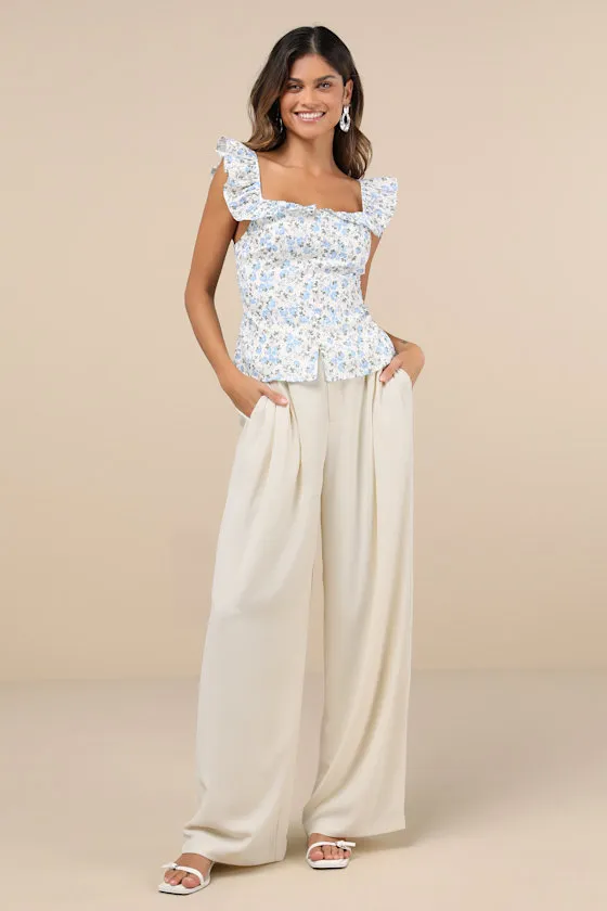 Composed Persona Cream Textured Pleated High-Rise Wide-Leg Pants sold by Lulus