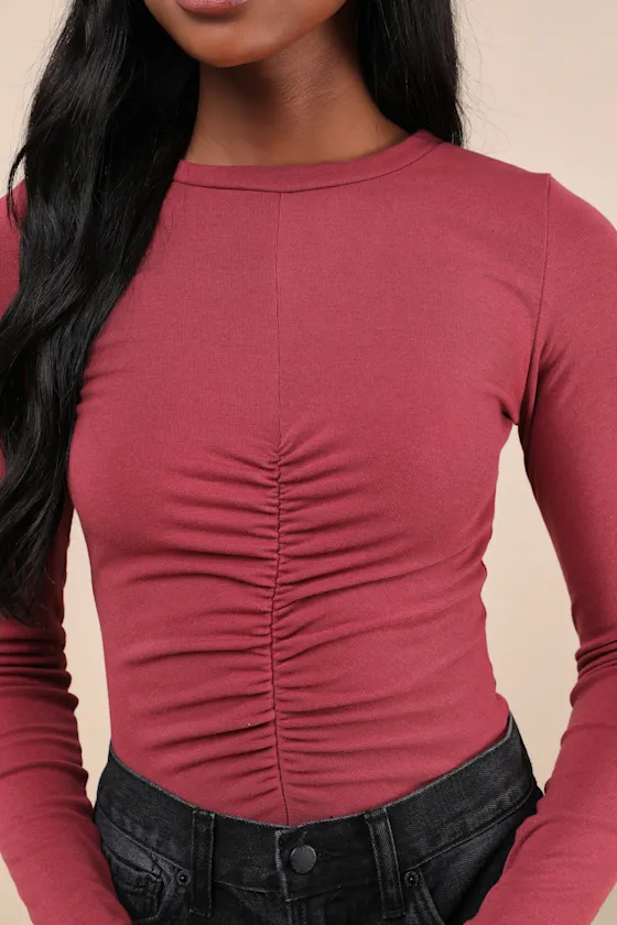 Casual Energy Berry Pink Ruched Long Sleeve Crew Neck Top sold by Lulus product image thumbnail 4