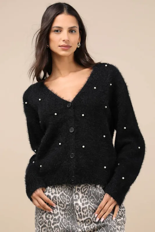 Chic Comforts Black Eyelash Knit Pearl Cardigan made by Lulus