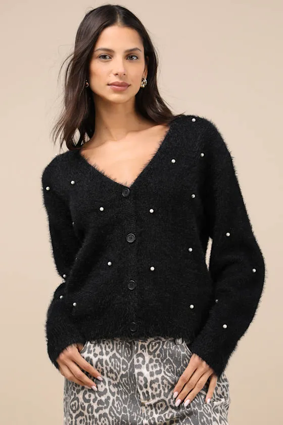 Chic Comforts Black Eyelash Knit Pearl Cardigan sold by Lulus