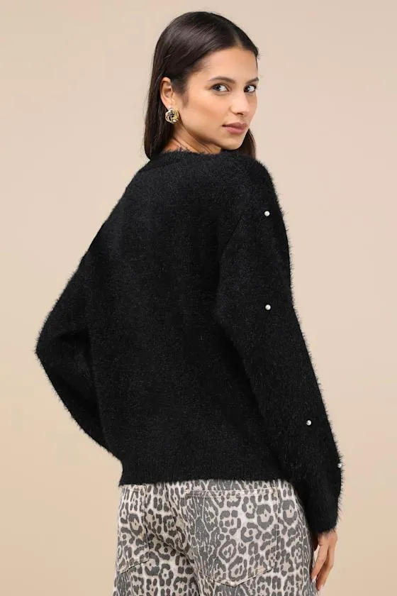 Chic Comforts Black Eyelash Knit Pearl Cardigan sold by Lulus product image thumbnail 2