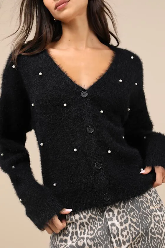 Chic Comforts Black Eyelash Knit Pearl Cardigan sold by Lulus product image thumbnail 4