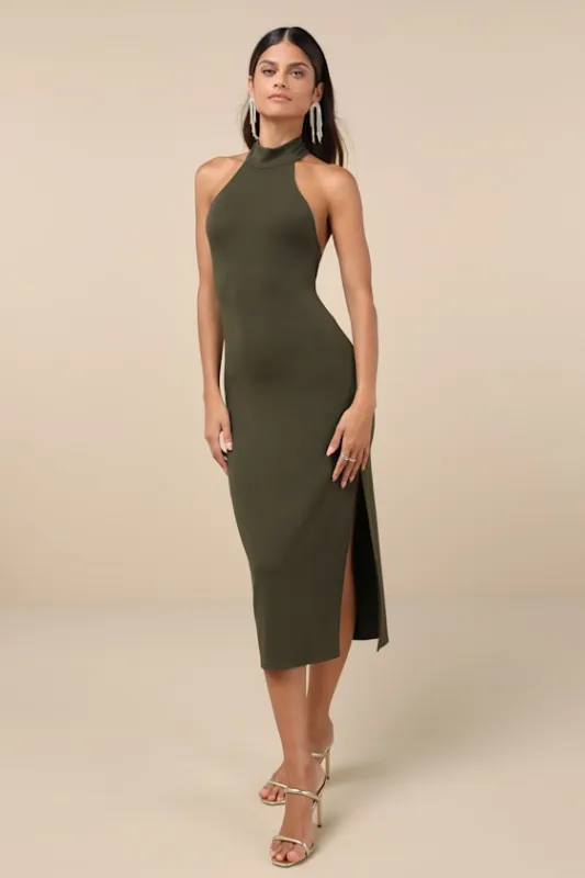 Simply Enchanted Olive Green Halter Midi Dress sold by Lulus