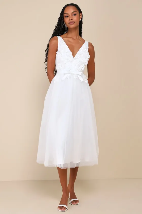 Dreamy Presence White Tulle Floral Applique Bow Midi Dress sold by Lulus