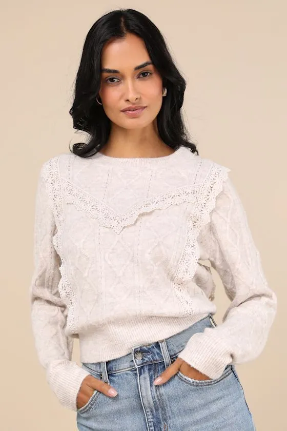 Sweetest Warmth Heather Taupe Cable Knit Lace Trim Sweater sold by Lulus