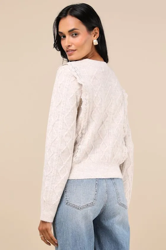 Sweetest Warmth Heather Taupe Cable Knit Lace Trim Sweater sold by Lulus product image thumbnail 2