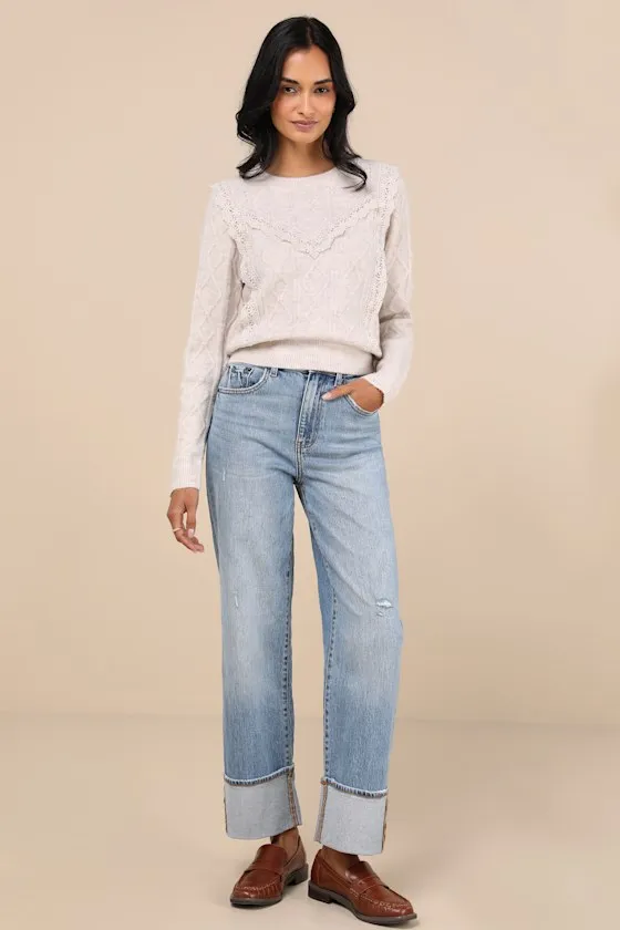 Sweetest Warmth Heather Taupe Cable Knit Lace Trim Sweater sold by Lulus product image thumbnail 3