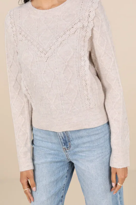 Sweetest Warmth Heather Taupe Cable Knit Lace Trim Sweater sold by Lulus product image thumbnail 4