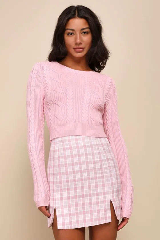 Cuddly Contentment Light Pink Cable Knit Cropped Sweater sold by Lulus