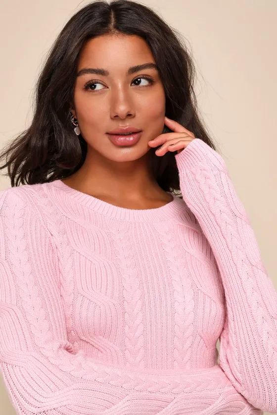 Cuddly Contentment Light Pink Cable Knit Cropped Sweater sold by Lulus product image thumbnail 2