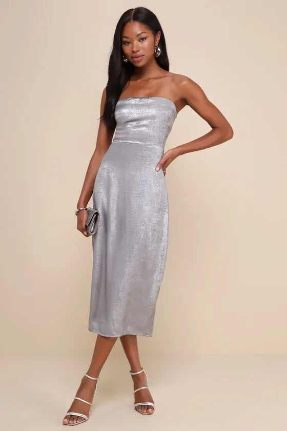 Ideal Essence Shiny Silver Metallic Strapless Midi Dress sold by Lulus