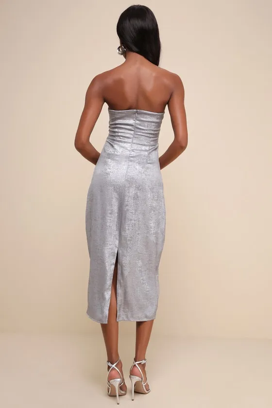 Ideal Essence Shiny Silver Metallic Strapless Midi Dress sold by Lulus product image thumbnail 4
