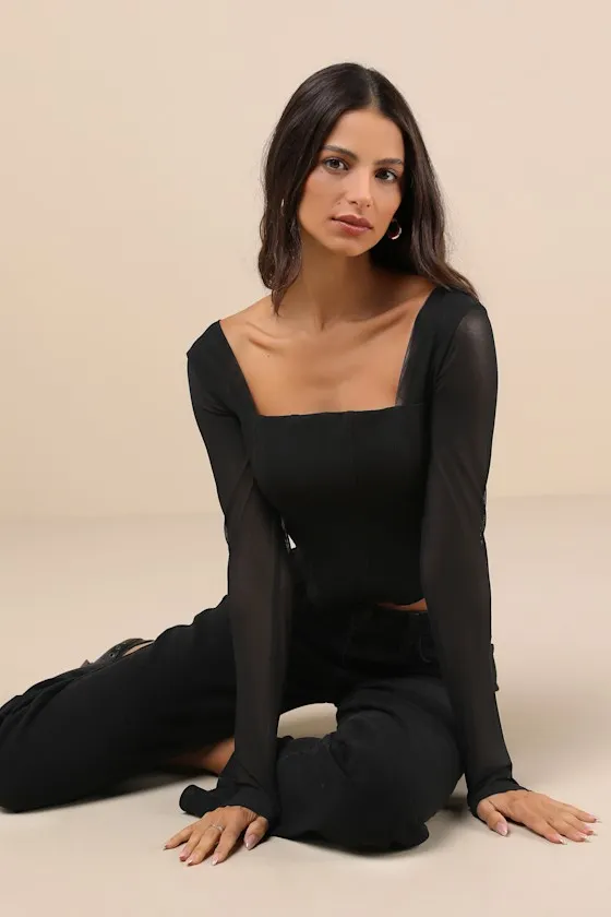 Captivating Sense Black Mesh Long Sleeve Bustier Crop Top sold by Lulus