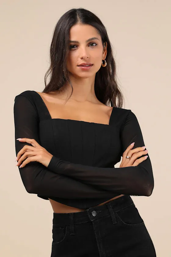 Captivating Sense Black Mesh Long Sleeve Bustier Crop Top sold by Lulus product image thumbnail 2