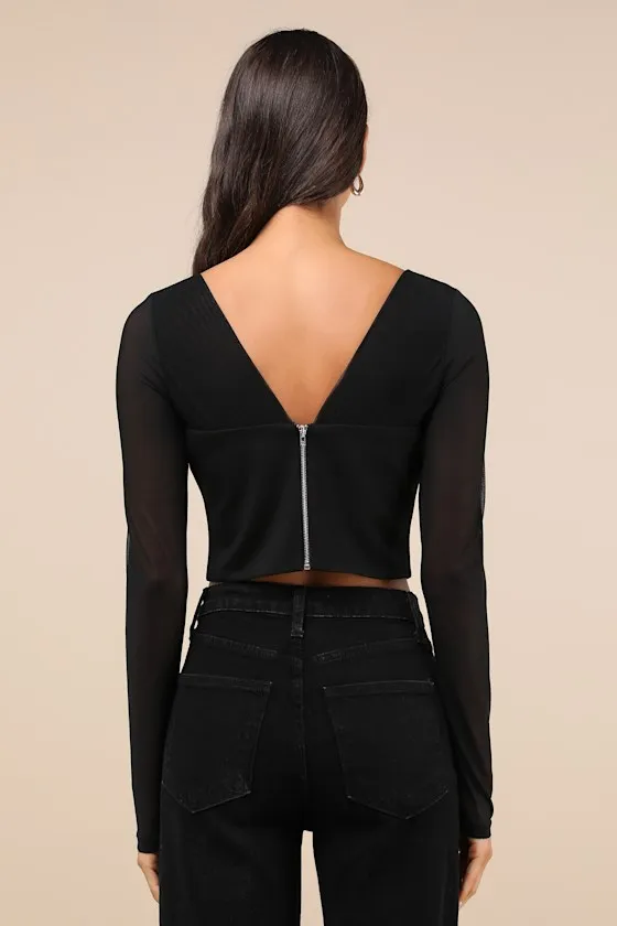 Captivating Sense Black Mesh Long Sleeve Bustier Crop Top sold by Lulus product image thumbnail 3