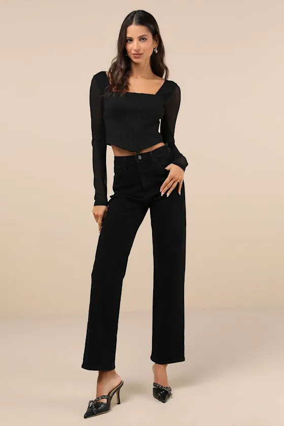 Captivating Sense Black Mesh Long Sleeve Bustier Crop Top sold by Lulus product image thumbnail 4