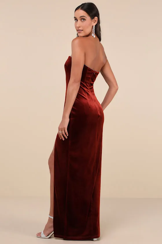 Elegant Success Rust Velvet Rhinestone Strapless Maxi Dress sold by Lulus product image thumbnail 4