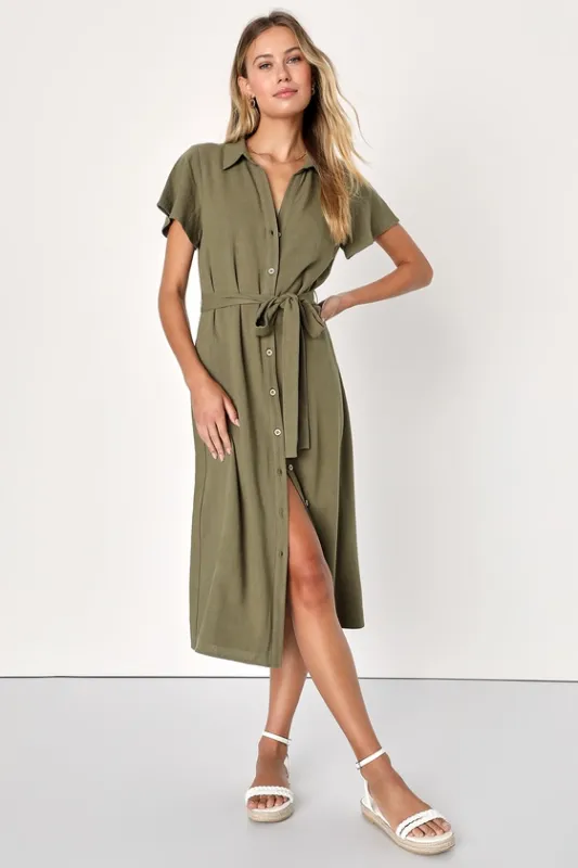 Italian Summer Olive Green Linen Button-Up Short Sleeve Dress sold by Lulus