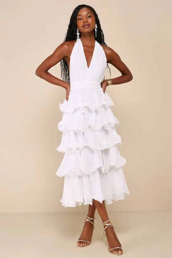 Exceedingly Gorgeous White Tiered Halter Midi Dress sold by Lulus