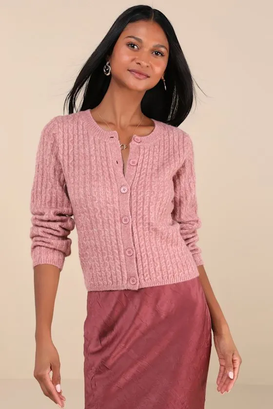 Classically Comfy Heathered Pink Cable Knit Cardigan sold by Lulus