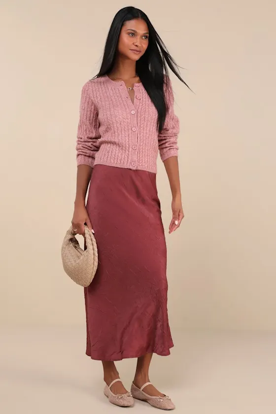 Classically Comfy Heathered Pink Cable Knit Cardigan sold by Lulus product image thumbnail 3